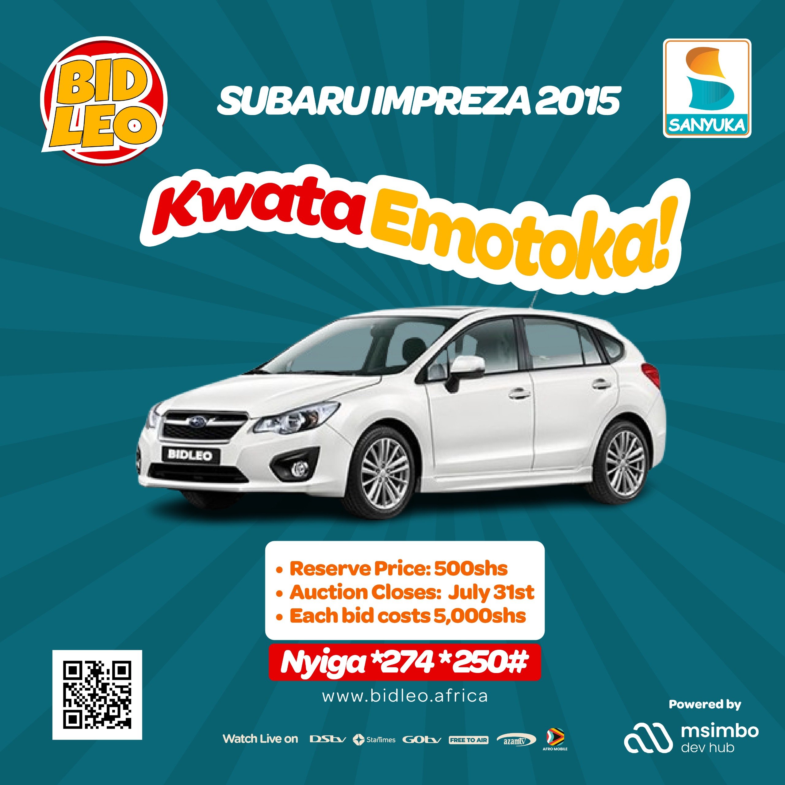 Sanyuka TV's Bid Leo has a 2015 Subaru Impreza available for UGX 500 This Month