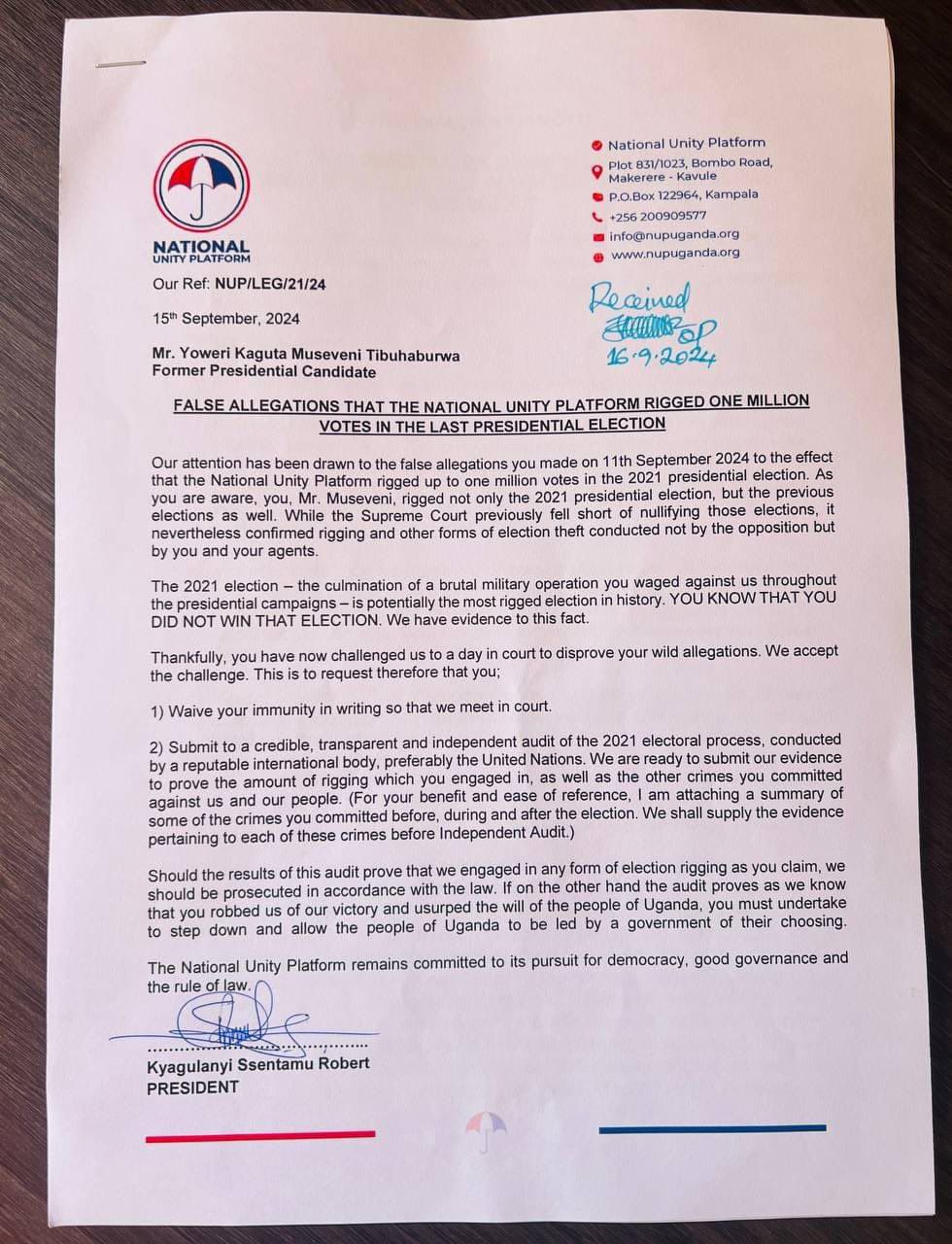 NUP dares Museveni: Face court and election audit