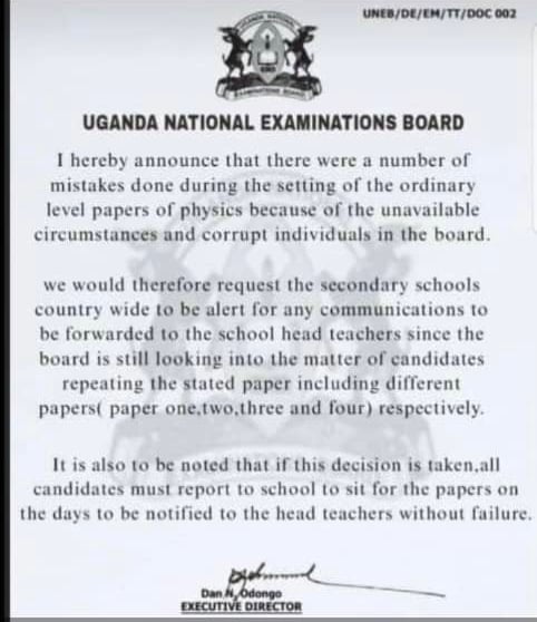 Fake circular claims UNEB Physics exam retake amidst setting errors