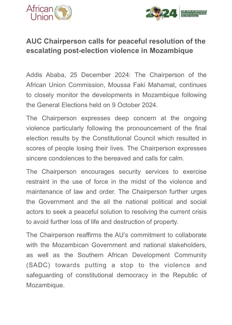 AU chairperson calls for calm amid post-election violence in Mozambique
