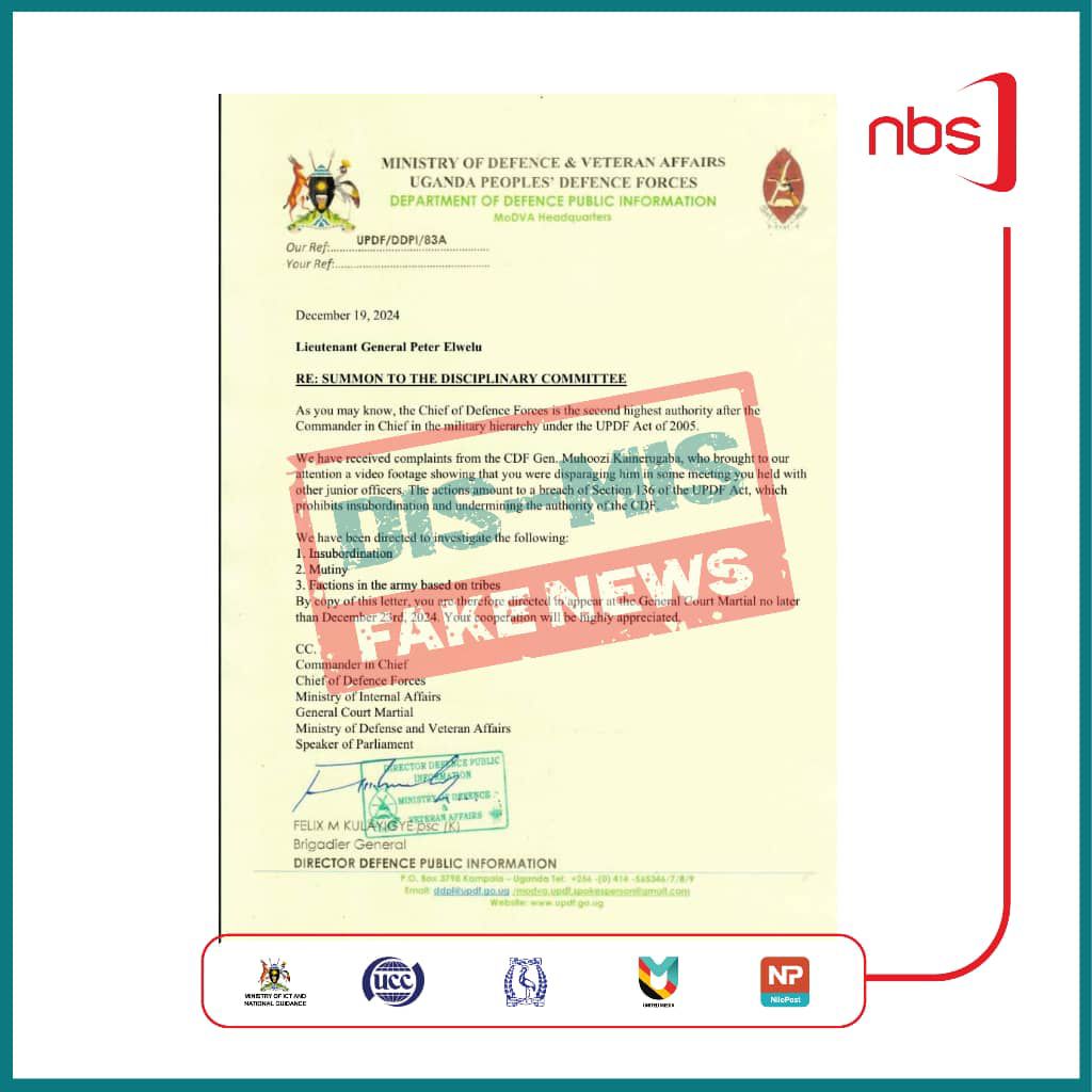 UPDF denies summons letter to Lt. Gen. Peter Elwelu as fake
