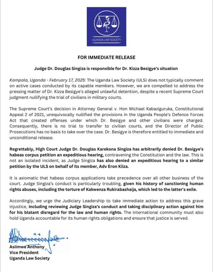 ULS Accuses Judge Singiza of Violating Besigye’s Rights