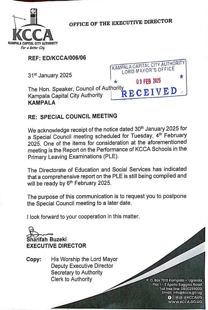 KCCA Seeks to Postpone Special Council Meeting as PLE Report Delayed