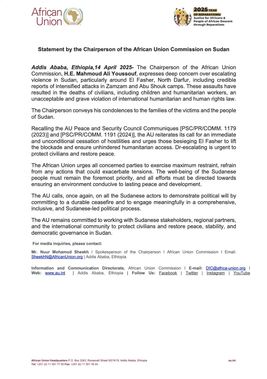 AU Chairperson Condemns Escalating Violence in Sudan, Urges Immediate Humanitarian Access and Ceasefire