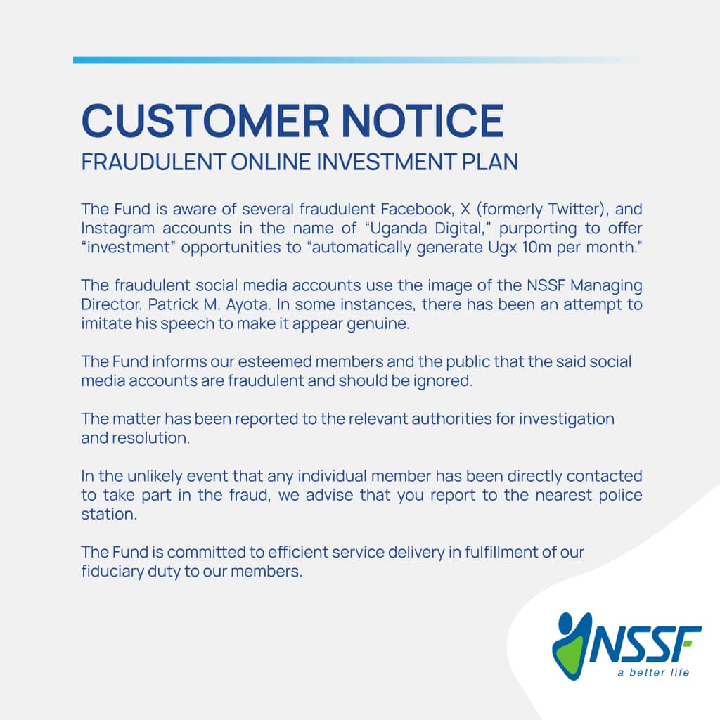 NSSF Warns Public Against Fraudulent Online Investment Scheme Using MD's Image