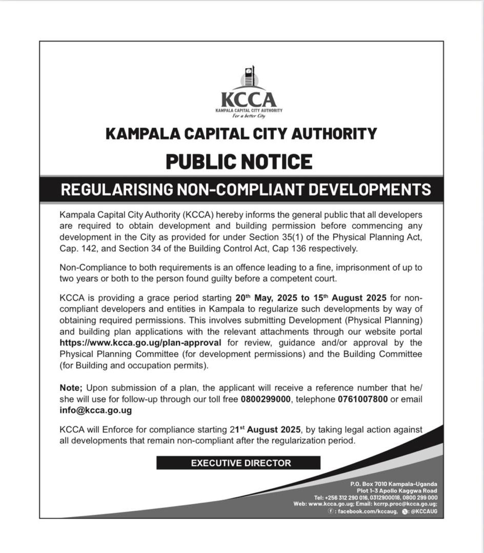 KCCA Issues Deadline for Developers to Legalise Unauthorised Constructions