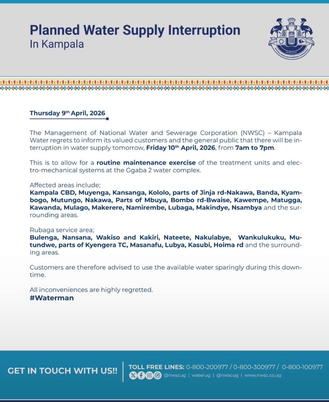 Planned Water Shutdown to Affect Large Parts of Kampala on Friday