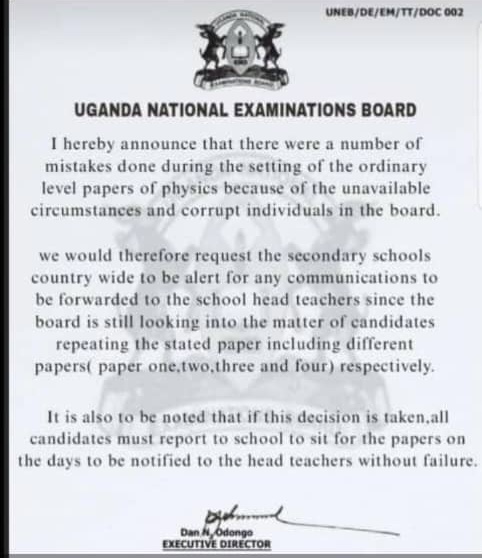 Fake circular claims UNEB Physics exam retake amidst setting errors