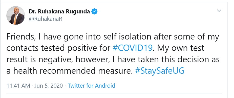 PM Rugunda tweet going into self isolation 