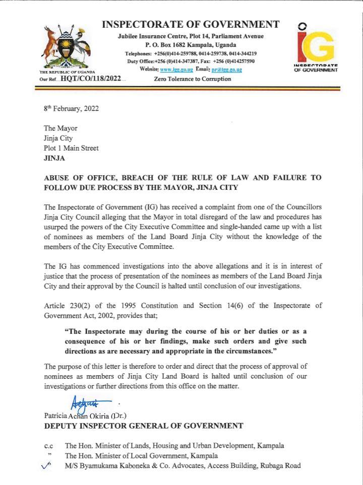 Jinja: IGG halts process to appoint new city land board