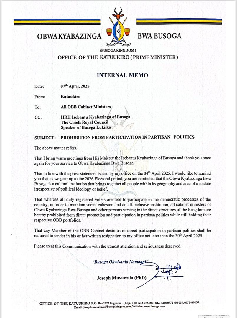 Kyabazinga Orders Ministers Eyeing 2026 Elections to Resign by End of April