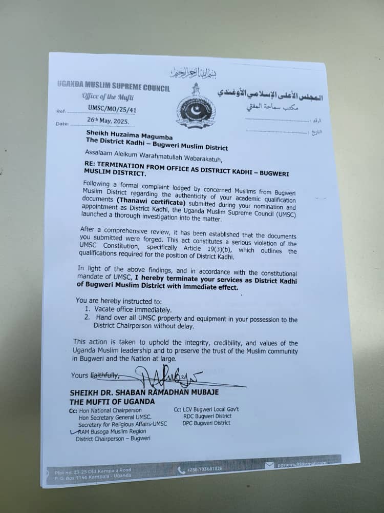 Mufti of Uganda Dismisses Bugweri District Kadhi Over Forged Academic Documents